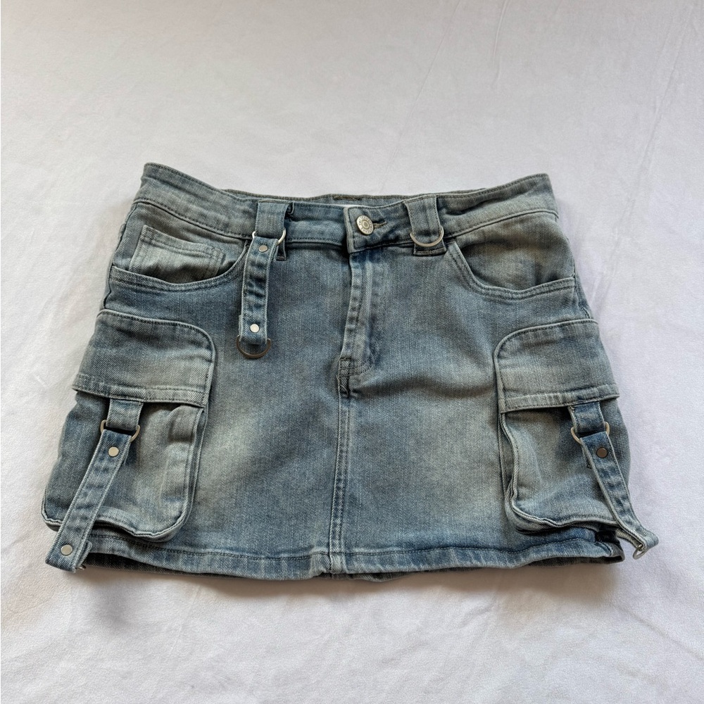 YMI Women’s Blue Denim Mini Cargo Skirt size 28
